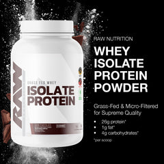 RAW Whey Isolate Protein Powder scoop beside container, highlighting 25 g protein per serving.