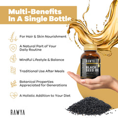 RAWYA dark glass bottle on counter signals premium oil.