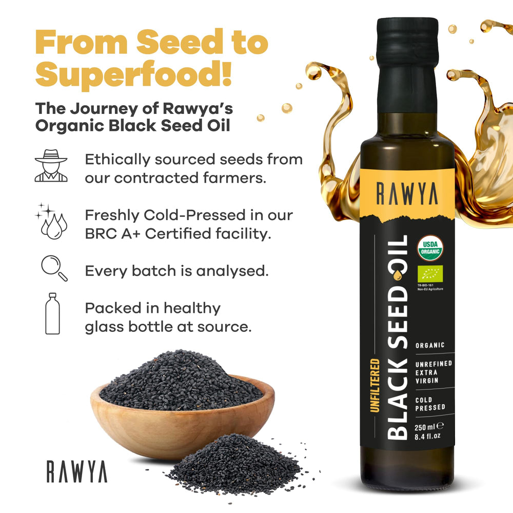 RAWYA oil in unfiltered cold-pressed form preserved in glass bottle.