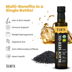 RAWYA Black Seed Oil bottle with USDA Organic label highlighting purity.