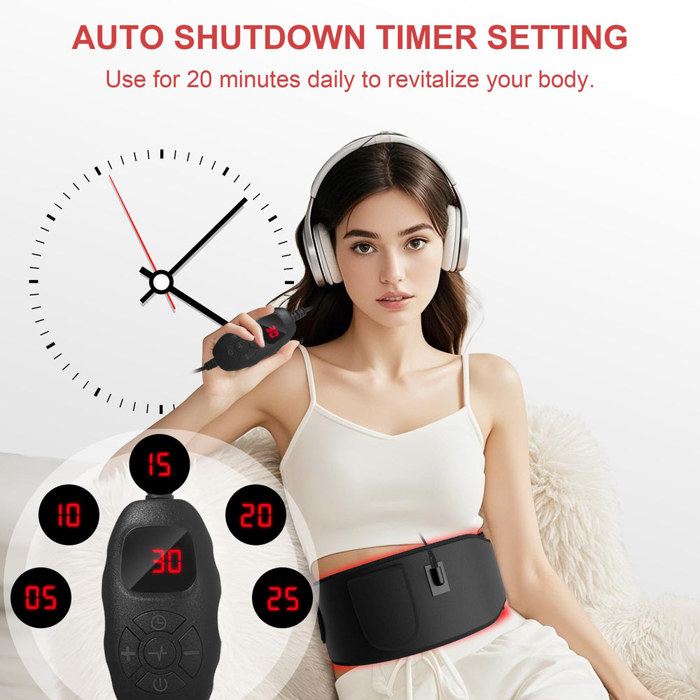 Rayocon belt timer display illustrating auto shutoff and programmable durations