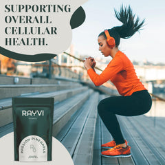 Rayvi bottle closeup emphasizes clean label and zero sugar promise.