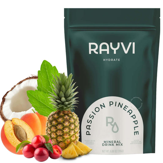 Rayvi Zero Sugar Electrolytes Powder bottle front view for clean hydration on the go.