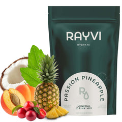 Rayvi Zero Sugar Electrolytes Powder bottle front view for clean hydration on the go.