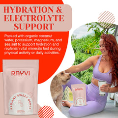 Rayvi Electrolytes ingredient panel highlights minerals like sodium, potassium, magnesium.