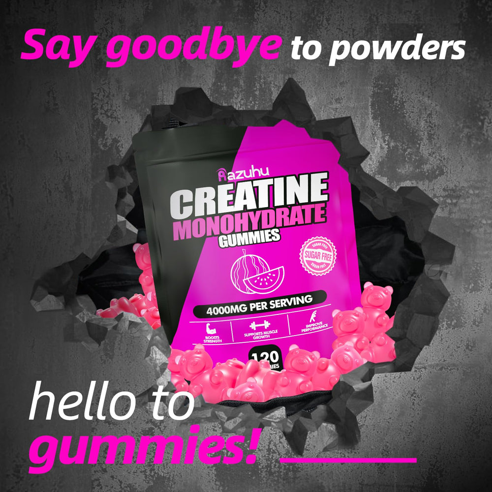 Razuhu Creatine Monohydrate Gummies close-up showing 4g per serving.