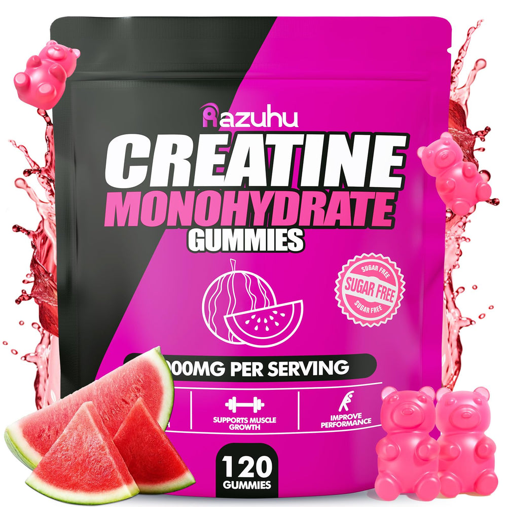 Razuhu Watermelon Creatine Gummies packaging, showcasing a convenient pre-workout option.