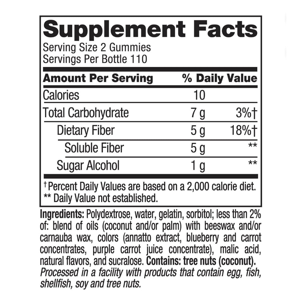 Vita Fiber Well Gummies label highlights probiotic (prebiotic) fiber and ingredients