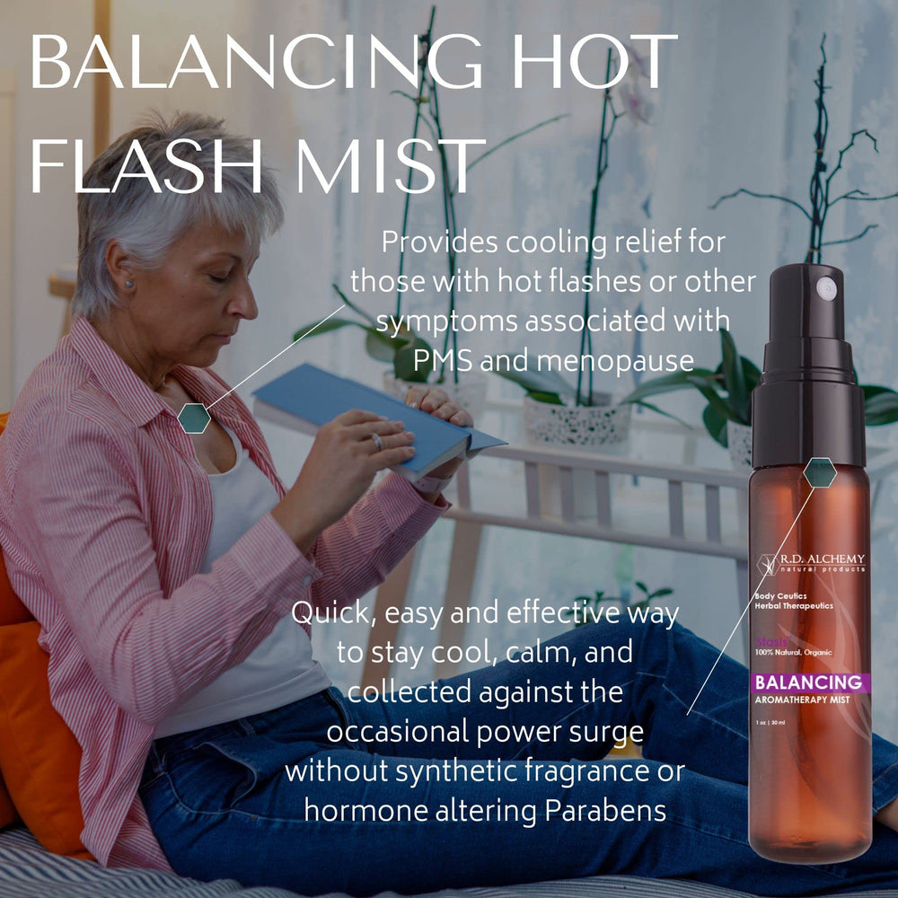RD Alchemy Balancing Hot Flash Mist spray in action delivering a refreshing calm
