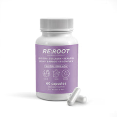 RE:ROOT Hair Growth Supplement bottle cap close-up highlighting the biotin blend for daily vitality