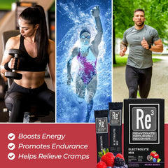 Re3 electrolyte powder provides sodium and potassium to balance after activity.