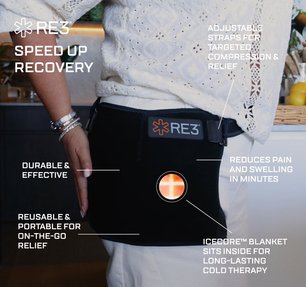 RE3 hip ice core blanket providing focused cooling for hip relief