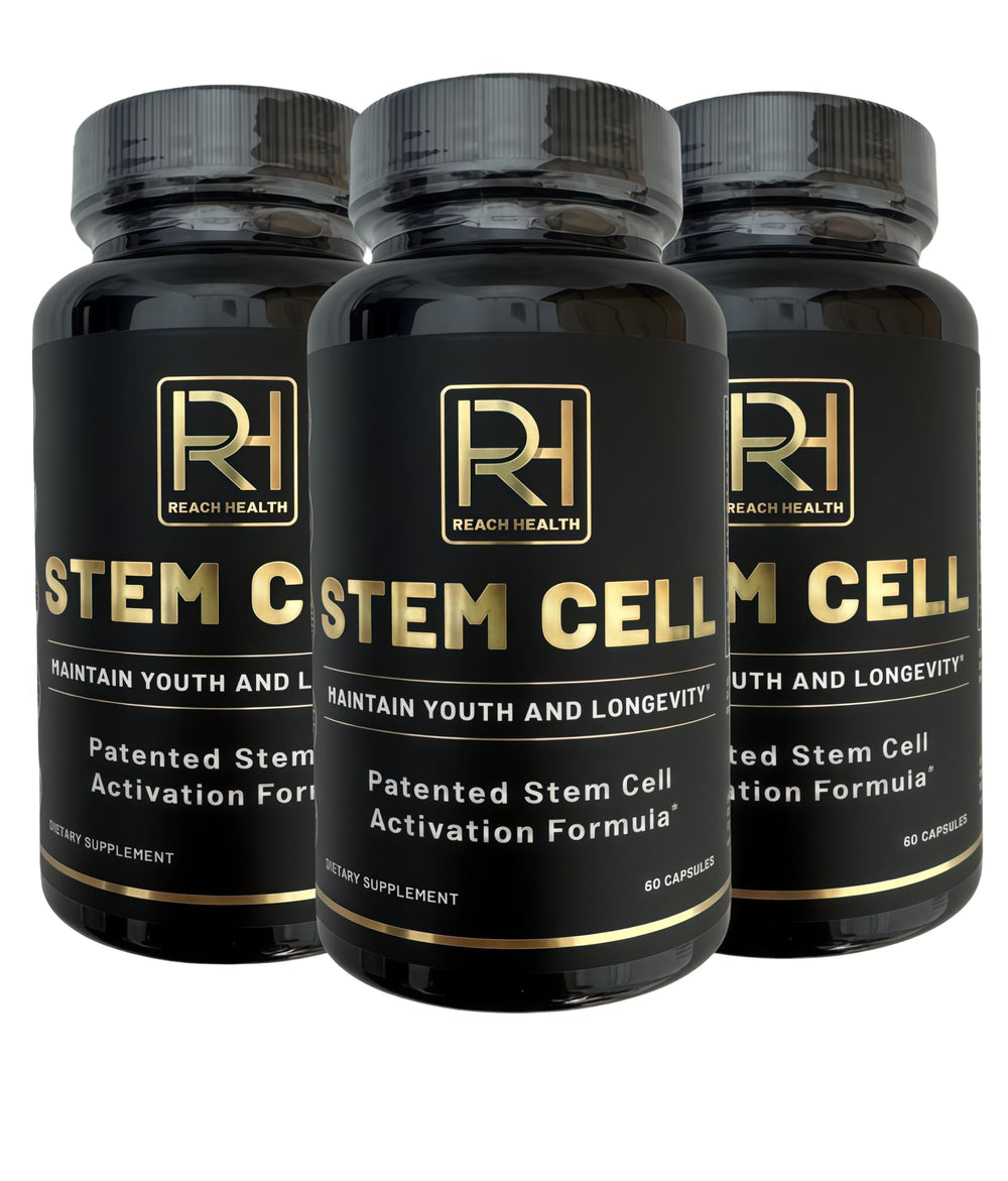 REACH HEALTH STEM Cell Supplement bottle pack showing 180 capsules for ongoing support.