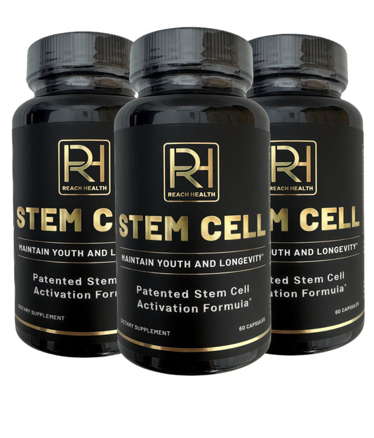 REACH HEALTH STEM Cell Supplement bottle pack showing 180 capsules for ongoing support.