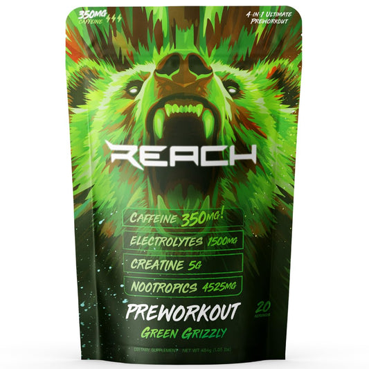 Reach Supplements pre-workout jar front showing premium formula for focused training