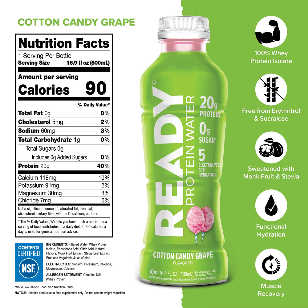 Ready Clear Protein Water bottle side-label highlights electrolytes and zero sugar