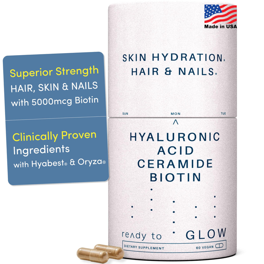 Ready To GLOW hyaluronic acid bottle for hydrated, plump skin.