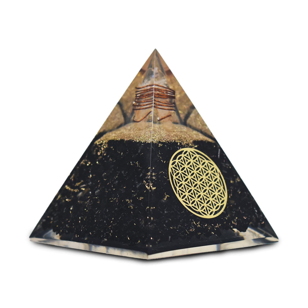 Real Crystal Black Tourmaline Orgonite Pyramid closeup showing detox energies for calm space.