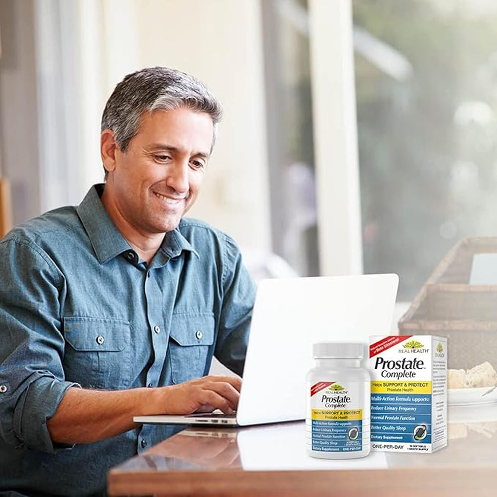 Real Health Prostate Complete label shows natural ingredients for prostate health.