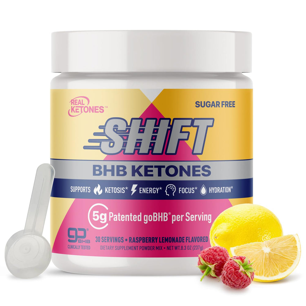 Real Ketones BHB energy powder Raspberry Lemonade serving for sustained energy and hydration.