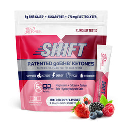 Real Ketones BHB drink mix bottle with mixed berry flavor for on-the-go ketosis aid.