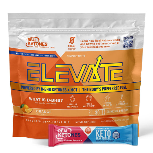 Real Ketones orange drink packets labeled for keto hydration and clean energy.