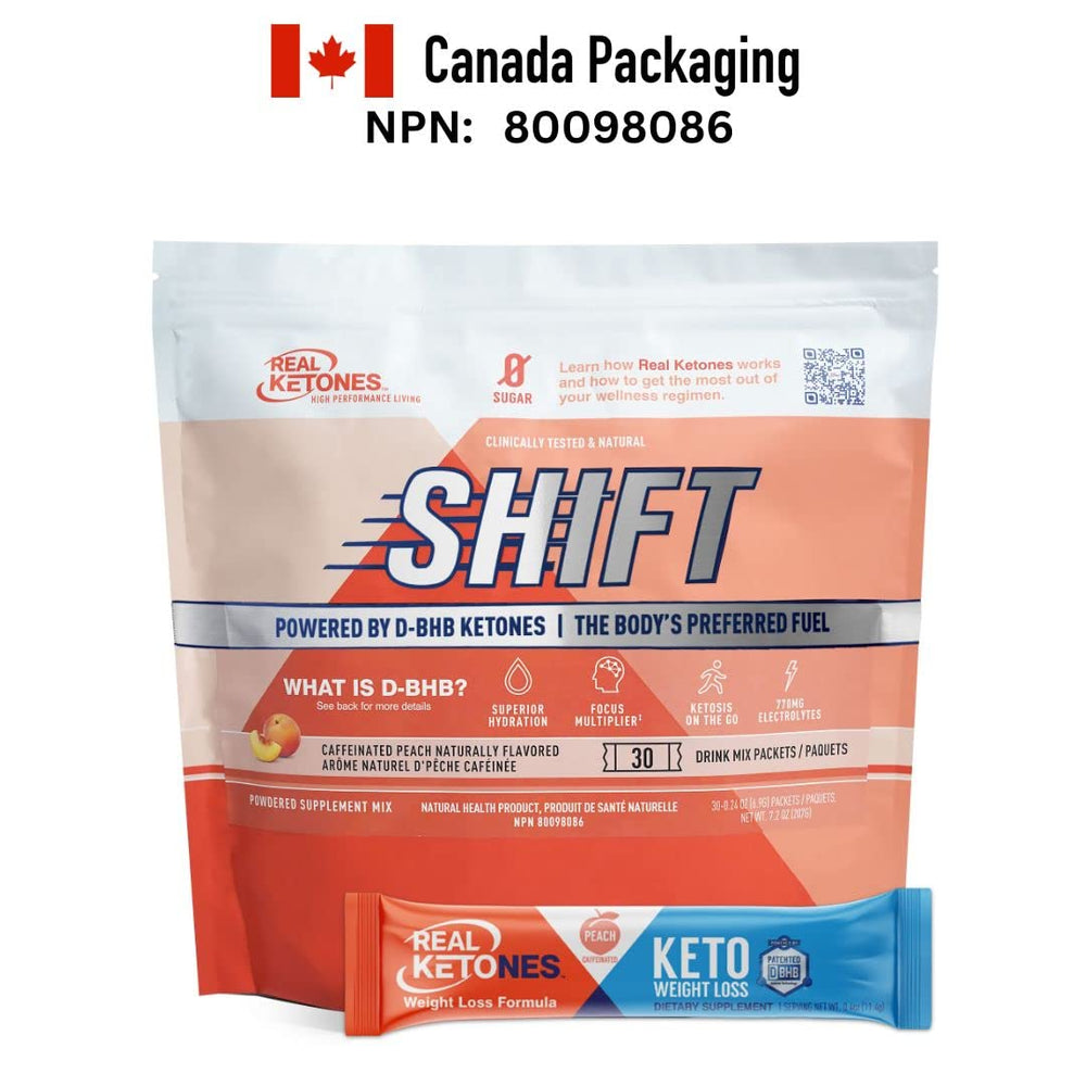 Real Ketones Peach Caffeine morning routine with packets ready to mix