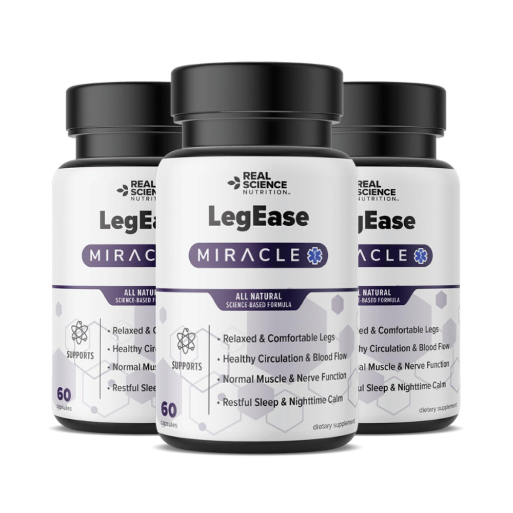 Real Science LegEase Miracle bottle front shows the product for nightly leg relief