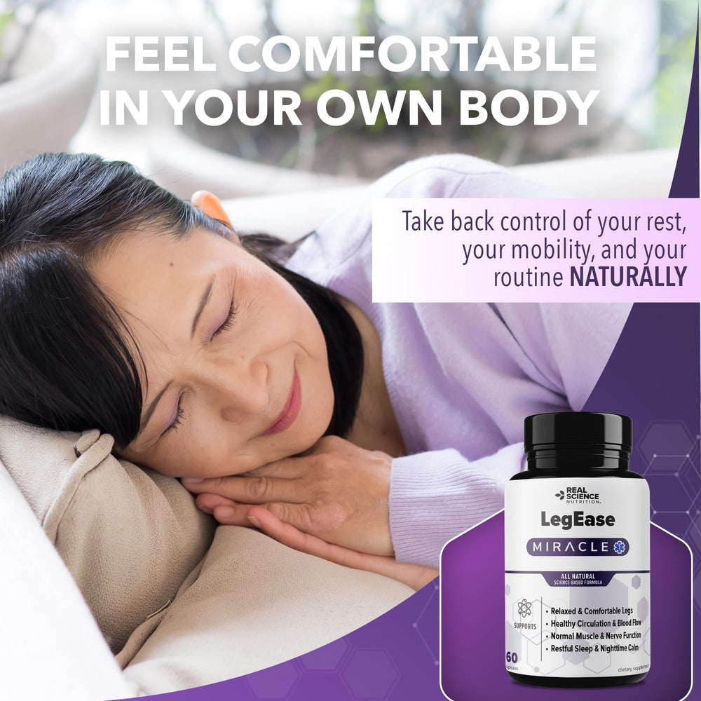 Real Science LegEase Miracle nighttime routine scene suggesting restful sleep support.