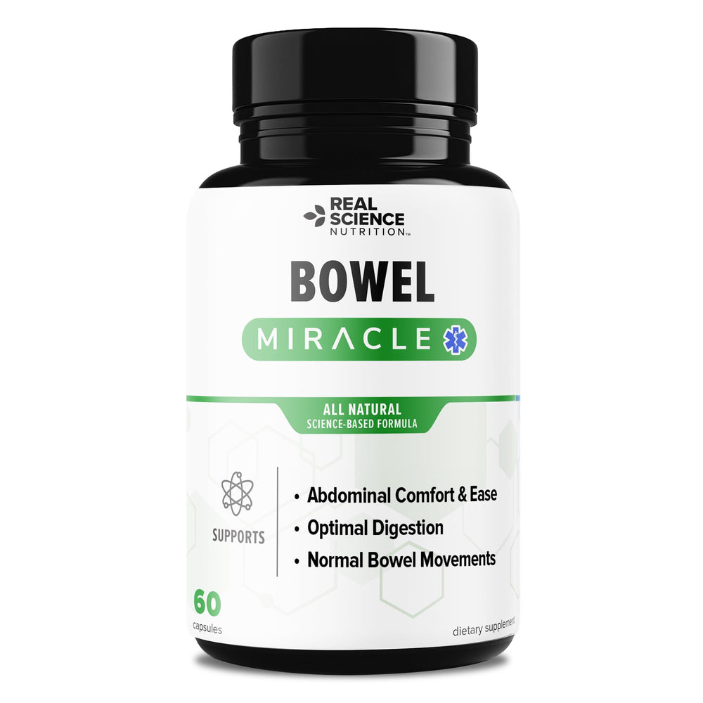 Real Science Nutrition Bowel Miracle bottle label promoting gut support and daily comfort