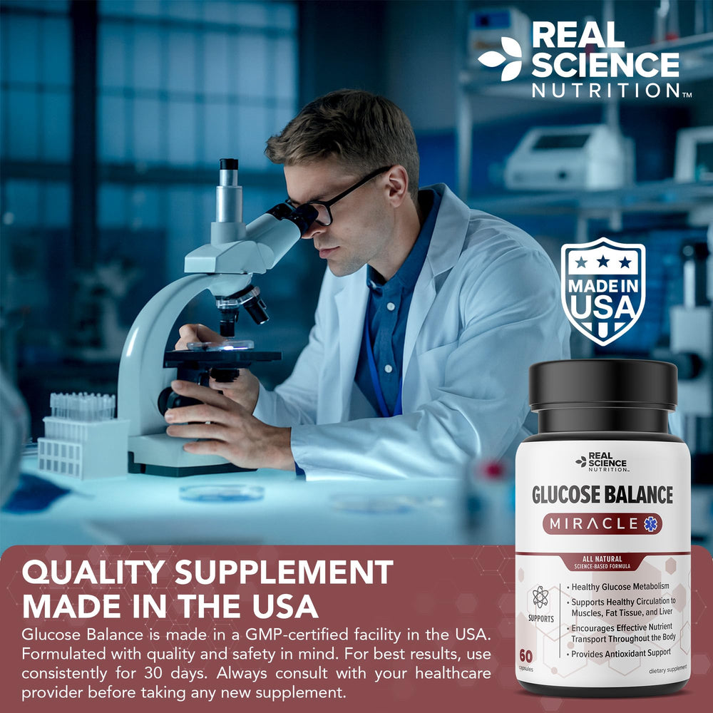 Real Science Nutrition Glucose Balance packaging showing ingredients list for informed decisions.
