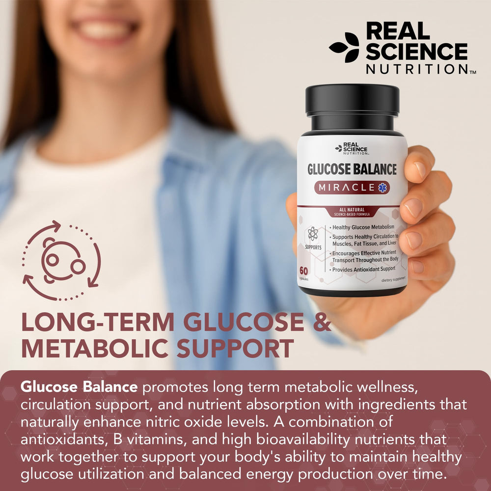 Real Science Nutrition Glucose Balance glass with water beside bottle for easy consumption with meals.