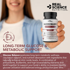 Real Science Nutrition Glucose Balance glass with water beside bottle for easy consumption with meals.