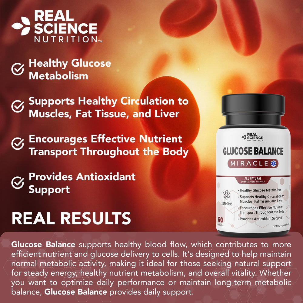 Real Science Nutrition Glucose Balance bottle with USA-made facility icon for safety and quality.
