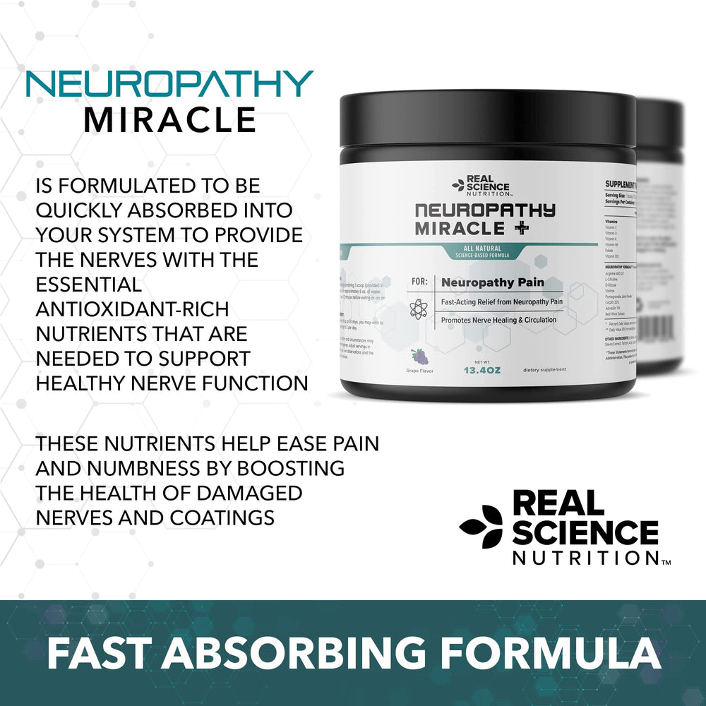 Real Science Nutrition Neuropathy Miracle ingredients blend highlighting antioxidants and amino acids.