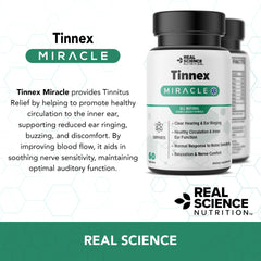 Real Science Nutrition Tinnex Miracle ingredients graphic highlights antioxidants and essential nutrients.