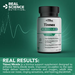 Real Science Nutrition Tinnex Miracle non-GMO badge signals clean nutrition.