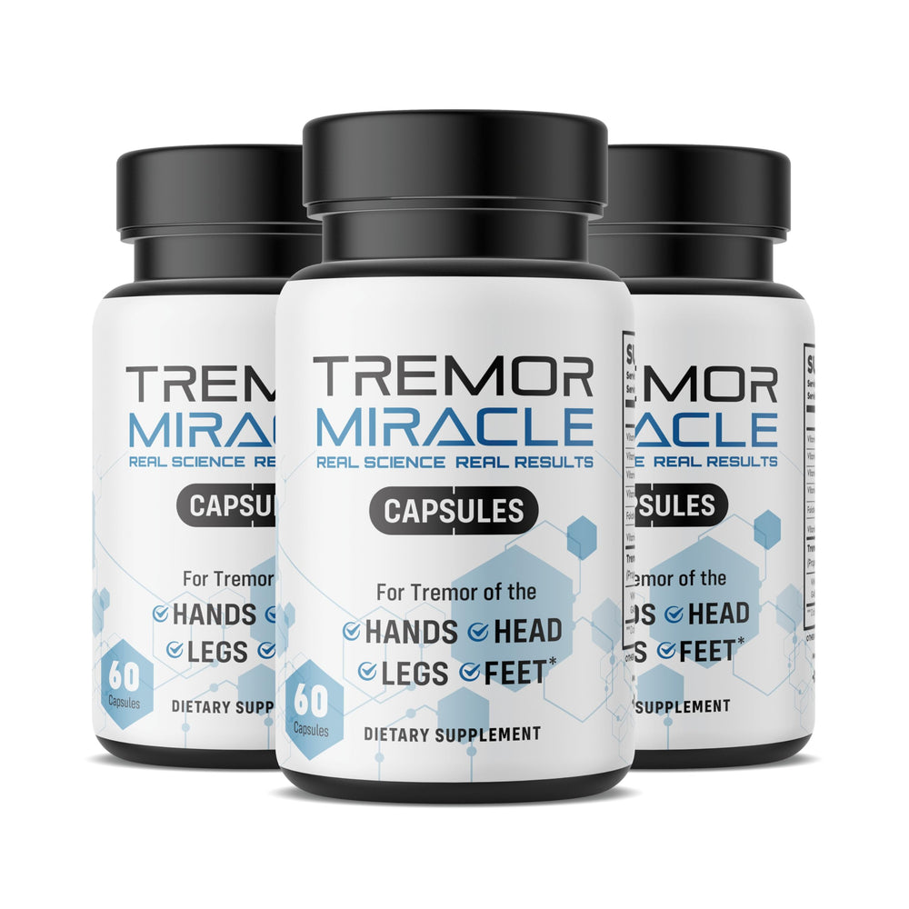 Real Science Nutrition Tremor Miracle Capsules 3-Pack bottle, potential tremor support for daily life.