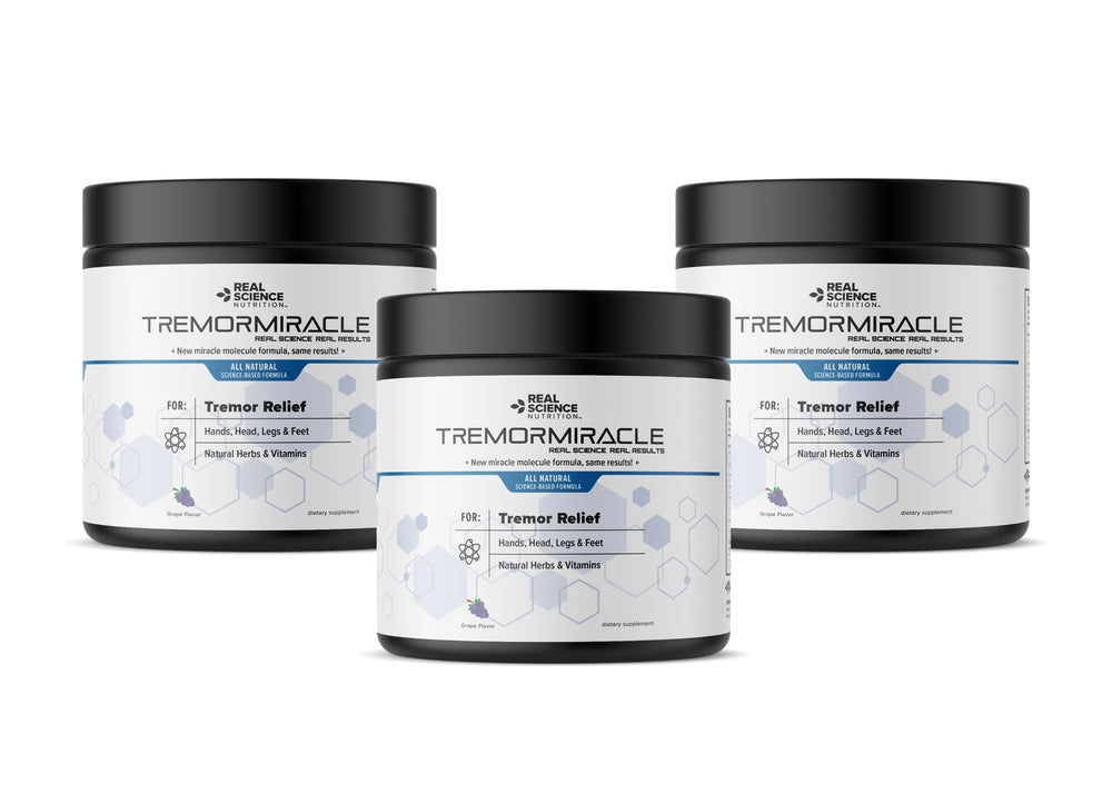 Real Science Nutrition Tremor Miracle tub front shows grape-flavored powder for daily use.