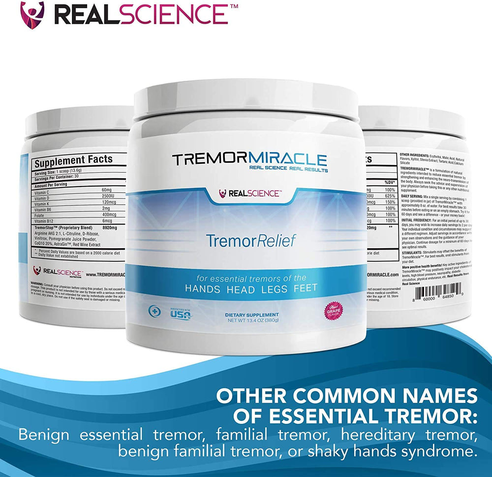 Real Science Nutrition Tremor Miracle label highlights grape flavor and easy-to-mix powder.