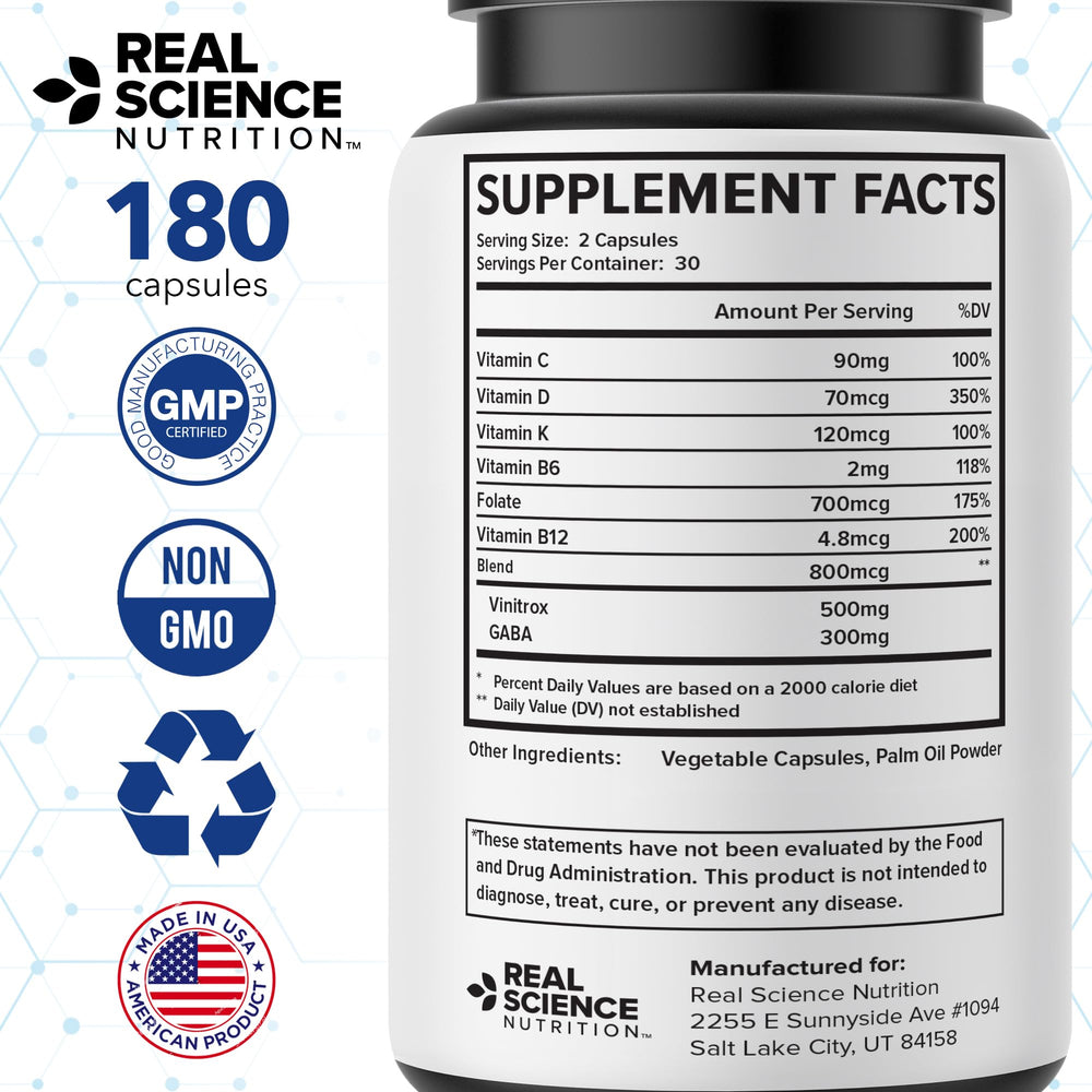 Real Science Nutrition USA-made GMP facility badge indicates quality manufacturing.