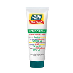 Real Time Pain Relief Hemp Oil Plus bottle close-up showing quick absorption