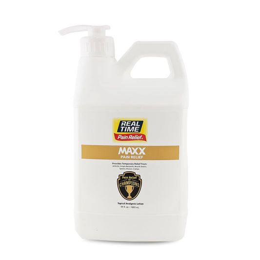 Real Time Pain Relief MAXX 64oz bottle shown for fast muscle and joint discomfort relief.