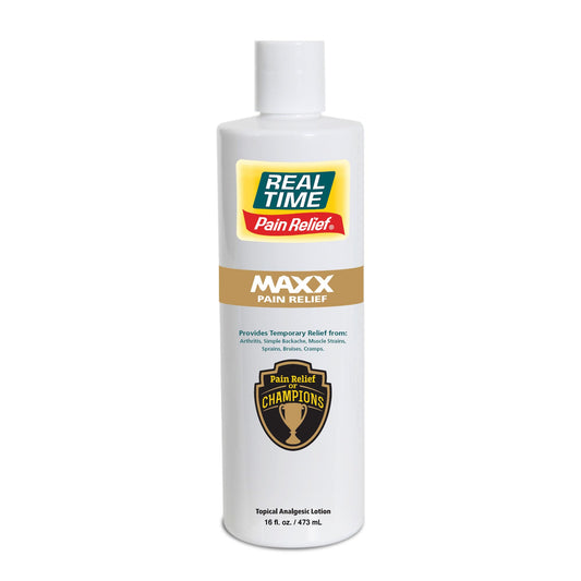 Real Time Pain Relief MAXX bottle pour shows fast-acting relief for muscle and joint pain