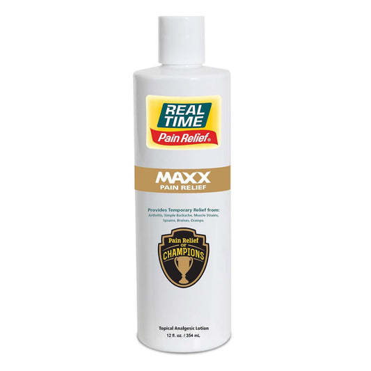 Real Time Pain Relief MAXX bottle showing 18 natural ingredients for targeted relief.