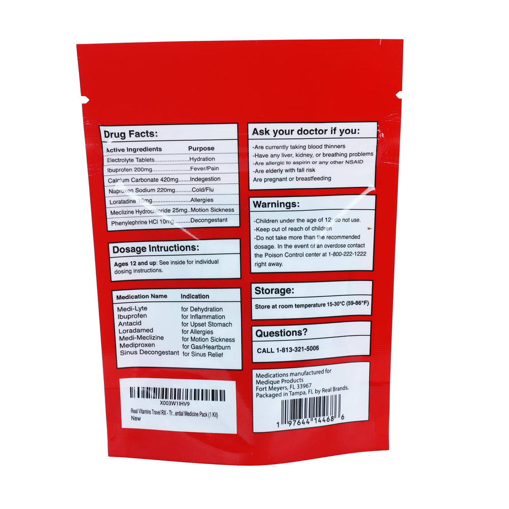 Real Vitamins Travel RX ibuprofen packs provide quick relief during travel.