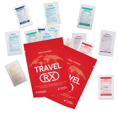 Real Vitamins Travel RX packs inside show seven essential medications for travel-ready care.