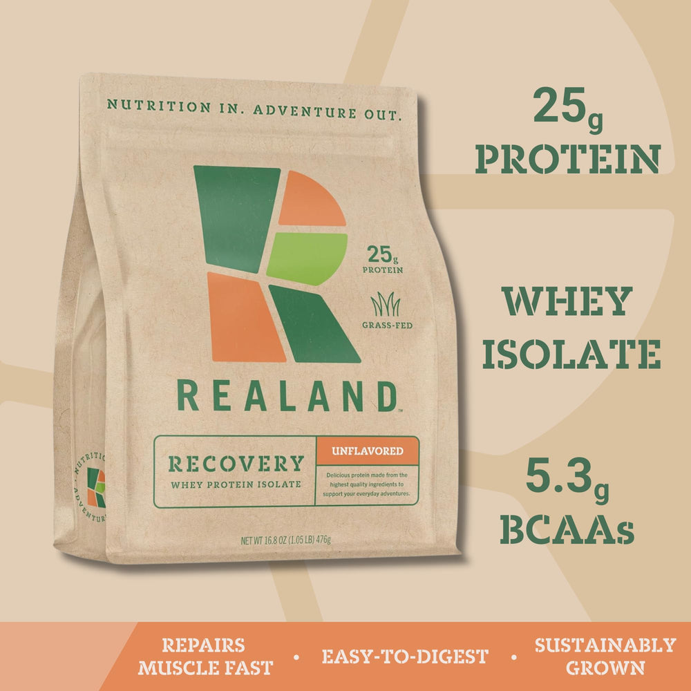 Realand Recovery protein bottle highlighting grass-fed whey origin and purity
