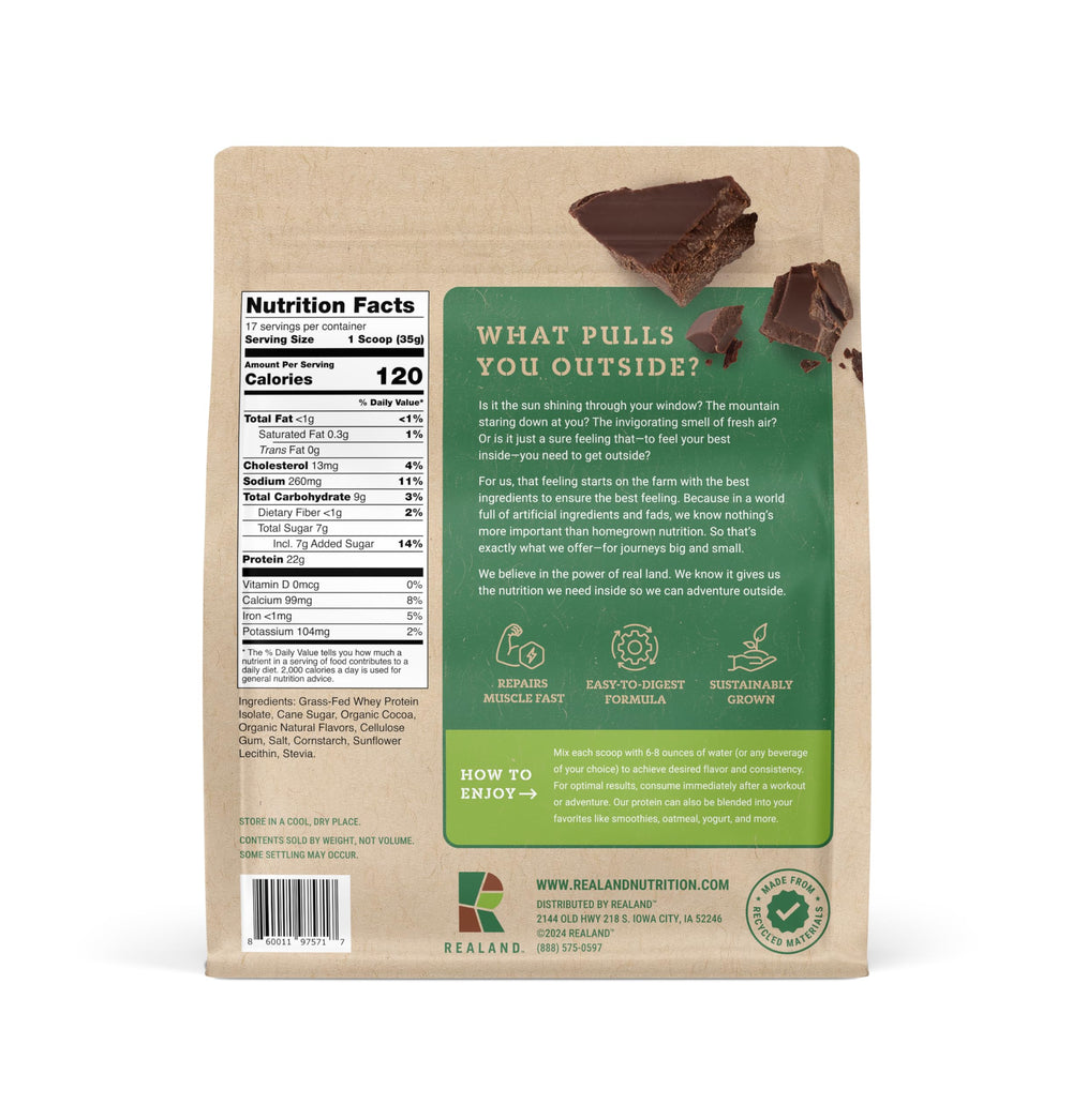 Serving count on Realand chocolate pouch illustrating 17 servings