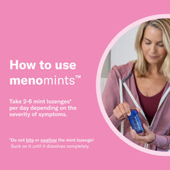 Close-up of MenoMints ingredients including ashwagandha and DIM for stress support